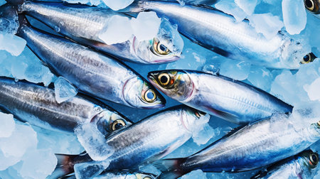 Fresh sardines on ice. Seafood background. Generative AI.の素材