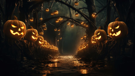 Moonlit path in the forest with pumpkins on the sides, mist over ground. Halloween concept. Generative AI.の素材