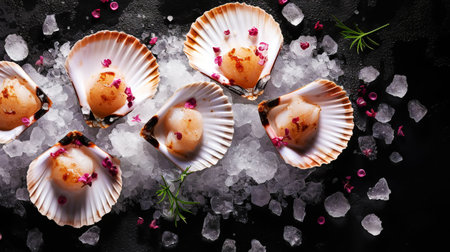 Raw fresh scallops on ice cubes. Seafood background. Generative AI.の素材