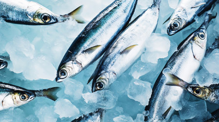 Fresh sardines on ice. Seafood background. Generative AI.の素材