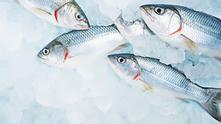 Fresh Horse Mackerel, trachurus on Ice. Seafood background. Generative AI.の素材