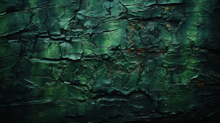 Charred wood bark green texture. Detailed macro close-up view of tree burned scratched cork background. Generative AI.の素材