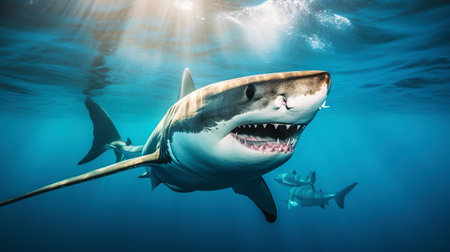 Shark swimming under sun rays in the blue ocean waters. Generative AI.の素材