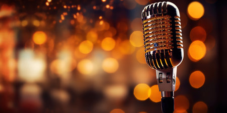 Closeup of professional microphone with dark bokeh light backdrop. Karaoke or concert concept. Generative AI.の素材