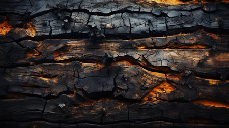 Charred wood bark black texture. Detailed macro close-up view of tree burned scratched cork background. Generative AI.の素材