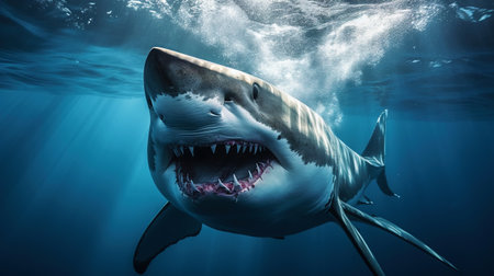 Shark swimming under sun rays in the blue ocean waters. Generative AI.の素材