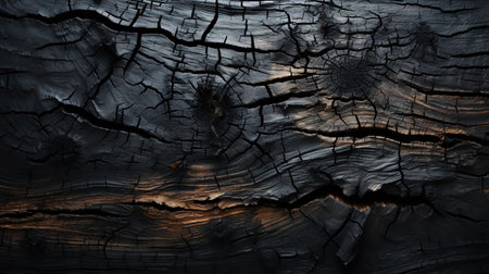 Charred wood bark black texture. Detailed macro close-up view of tree burned scratched cork background. Generative AI.の素材