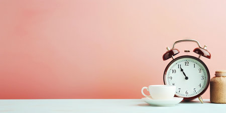 Vintage alarm clock and cup of hot coffee on the uniform pastel backdrop with a copy space. Generative AI.の素材