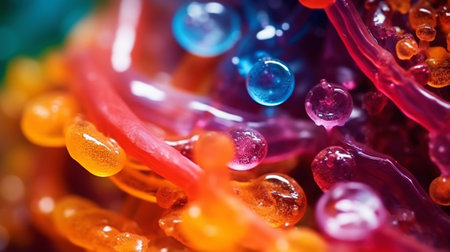 Abstract biology. Microscopy of colorful organic structures, microorganisms, cells. Microbiology concept. Generative AI.の素材