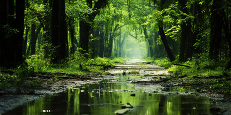 Swamp forest with a light mist. Quagmire in the spring green forest. Generative AI.の素材
