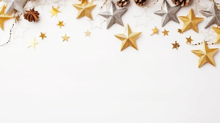 Christmas flat lay with pine, confetti and balls, on white background with copy space. Top view. Generative AI.の素材