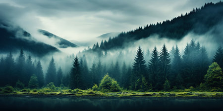 Misty mountain landscape with fir forest and river in vintage retro style. Generative AI.の素材
