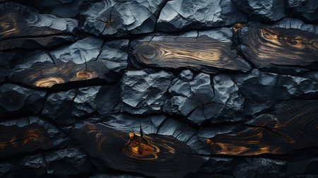 Charred wood bark black texture. Detailed macro close-up view of tree burned scratched cork background. Generative AI.の素材