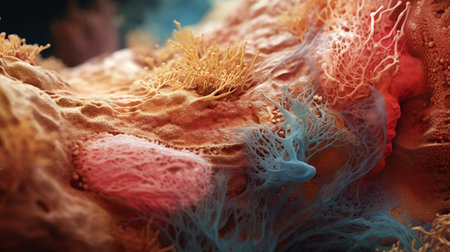 Closeup of structure of microbiotic flora of human body. Microscopic bacteria cells. Science concept. Generative AI.の素材