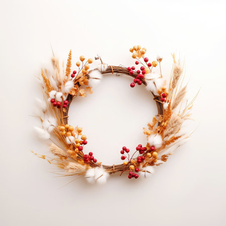 Modern interior wreath made of cotton, dry natural materials, wheat on a white background. Copy space. Generative AI.の素材