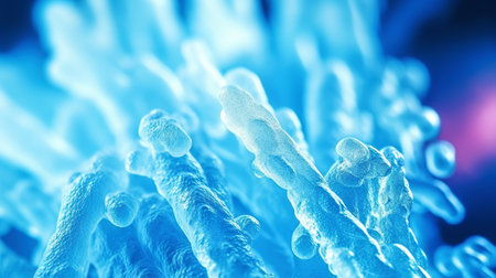 Beautiful electronic microscopy of bacteria, fungi fantasy microbiology in blue tones. Microscopic life. Generative AI.の素材