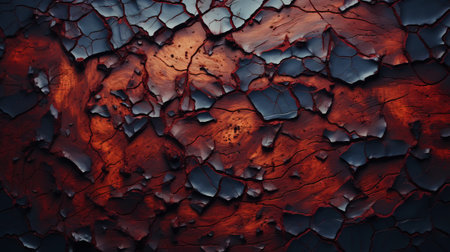 Charred wood bark red texture. Detailed macro close-up view of tree burned scratched cork background. Generative AI.の素材