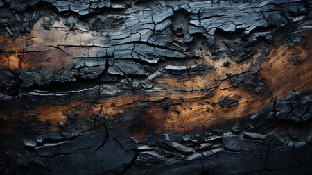 Charred wood bark black texture. Detailed macro close-up view of tree burned scratched cork background. Generative AI.の素材