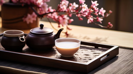 Tea ceremony, traditional teapot and ceramic cups on wooden tray on dark background with sakura blossoms. Generative AI.の素材