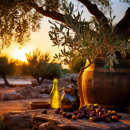 Bottles with organic olive oil and olives on a wooden table on the background of sunset in an farm garden. Generative AI.の素材