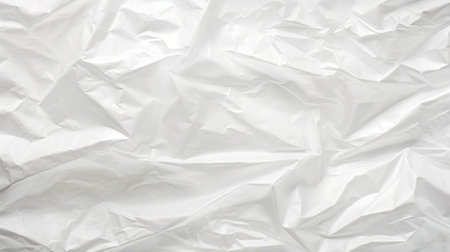Transparent white glossy wrinkled plastic texture. Crumpled thin plastic backdrop. Generative AI.の素材