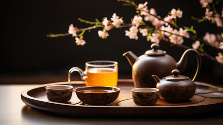 Tea ceremony, traditional teapot and ceramic cups on wooden tray on dark background with sakura blossoms. Generative AI.の素材