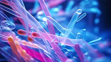 Abstract biology. Microscopy of colorful organic structures, microorganisms, cells. Microbiology concept. Generative AI.の素材