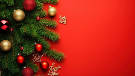 Christmas flat lay with pine, confetti and balls, on red background with copy space. Top view. Generative AI.の素材