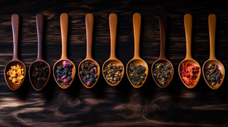 Different types of tea and herbs in vintage wood spoons, top view on dark background. Copy space. Generative AI.の素材