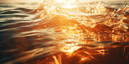 Closeup of the ocean wave. The sea in the light of summer sunset. Travel, vacation concept. Generative AI.の素材