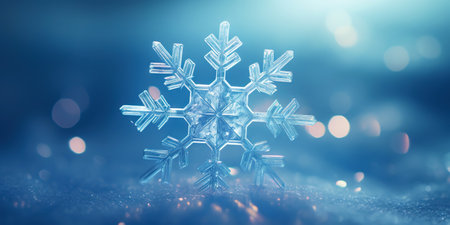 Close up of a glossy snowflake, macro photo of snow crystals on blue background. Generative AI.の素材