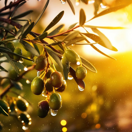 Closeup of olives with dew drops on the branch of olive tree on the sunset. Generative AI.の素材