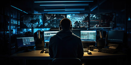 Tech Enthusiast Monitoring Global Data in a Dark Control Room. Hacker concept. Generative AI.の素材