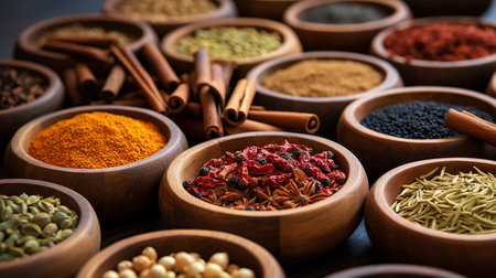 Collection of different aromatic spices, seeds and herbs in a small plates on wooden table, side view. Generative AI.の素材