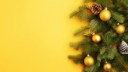 Christmas flat lay with pine, confetti and balls, on yellow background with copy space. Top view. Generative AI.の素材