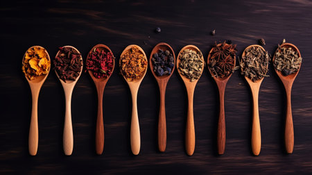 Different types of tea and herbs in vintage wood spoons, top view on dark background. Copy space. Generative AI.の素材