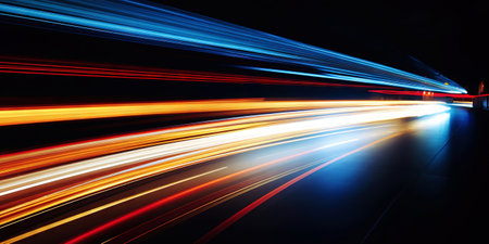 Rush of Twilight: Streaks of Speed. Speed light trails, Colorful glowing swirls. Generative AI.の素材