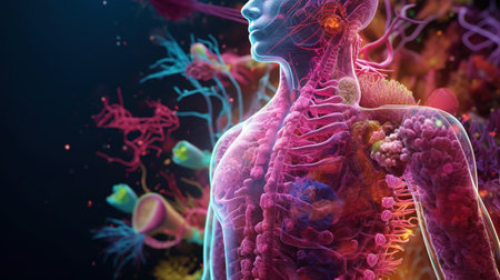 Silhouette of human body with structure of microbiotic flora. Microscopic bacteria cells. Science concept. Generative AI.の素材