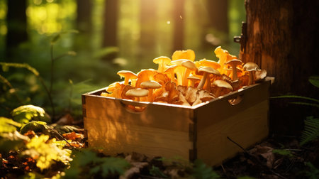 Chanterelle mushrooms in a wooden box on the blurred forest background. Generative AI.の素材
