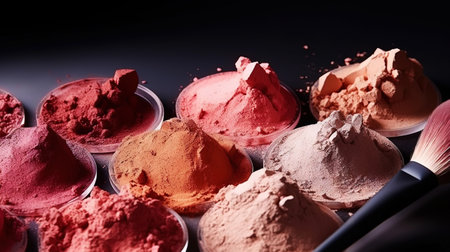 Variety pallet of broken makeup powder and blusher with soft brushes. Sample cosmetics concept. Generative AI.の素材