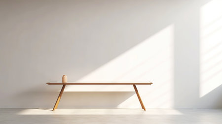 White empty room with table, light background with shadows, sunlight Minimalistic concept. Generative AI.の素材