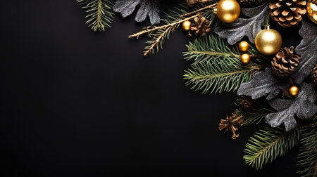 Christmas flat lay with pine, confetti and balls, on black background with copy space. Top view. Generative AI.の素材