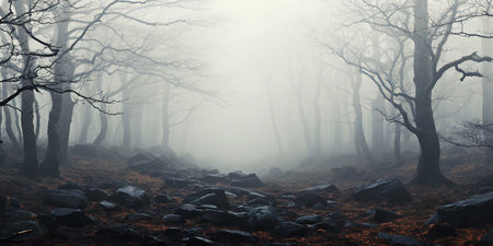Misty forest with dare trees and rocks. Minimalistic scenery landscape. Generative AI.の素材