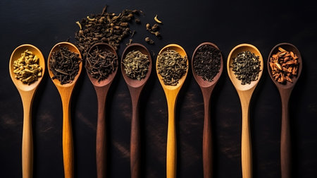 Different types of tea and herbs in vintage wood spoons, top view on dark background. Copy space. Generative AI.の素材