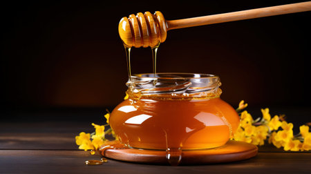 Close-up of a jar of honey, a dipper with dripping honey, on a wooden table with dark background. Generative AI.の素材