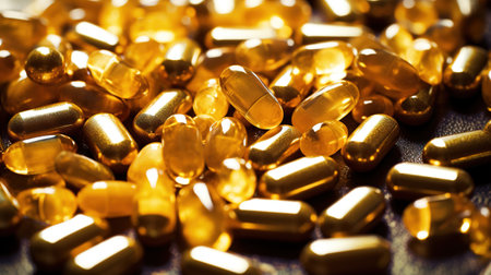 Close-up of golden pills and capsules on black background. Food dietary supplement. Top view. Generative AI.の素材