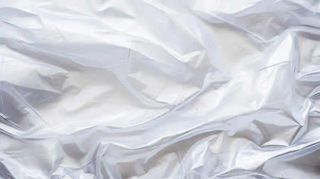 Transparent white glossy wrinkled plastic texture. Crumpled thin plastic backdrop. Generative AI.の素材