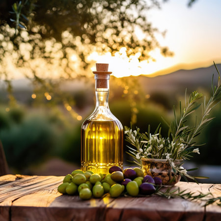 Bottles with organic olive oil and olives on a wooden table on the background of sunset in an farm garden. Generative AI.の素材