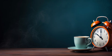 Vintage alarm clock and cup of coffee on the uniform dark backdrop with a copy space. Generative AI.の素材