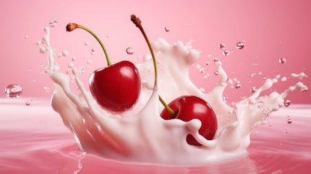 Milk splash with cherries. Sweet dessert cream. Milkshake concept. Generative AI.の素材